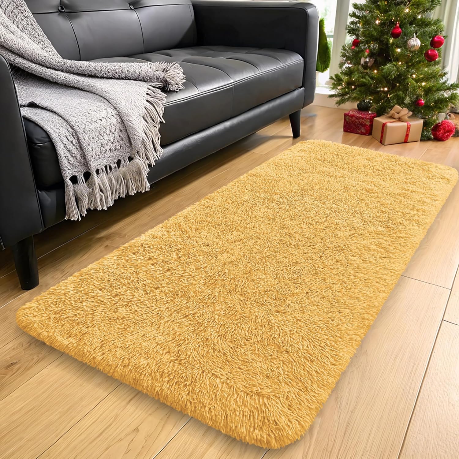 OLANLY Machine Washable 2x5 Runner Rug - Soft Fluffy Shaggy Indoor Carpet for Bedroom & Hallway | Mustard Yellow