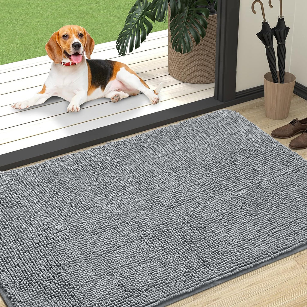 OLANLY Dog Door Mat - Absorbent Non-Slip Chenille for Muddy Paws | 47x32 Grey Indoor Entryway Carpet
