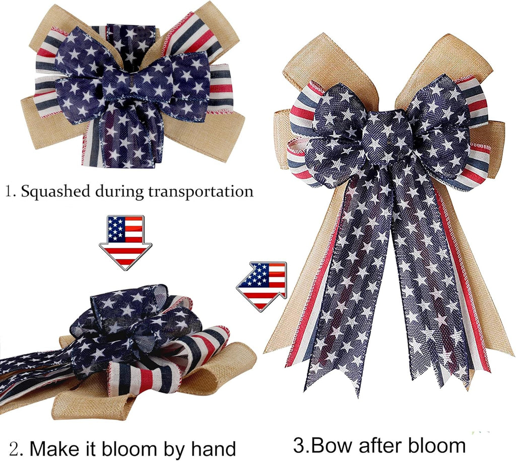 Patriotic Decor - Burlap Red White Blue Stripe Bow | Perfect for Wreaths & 4th of July Celebrations