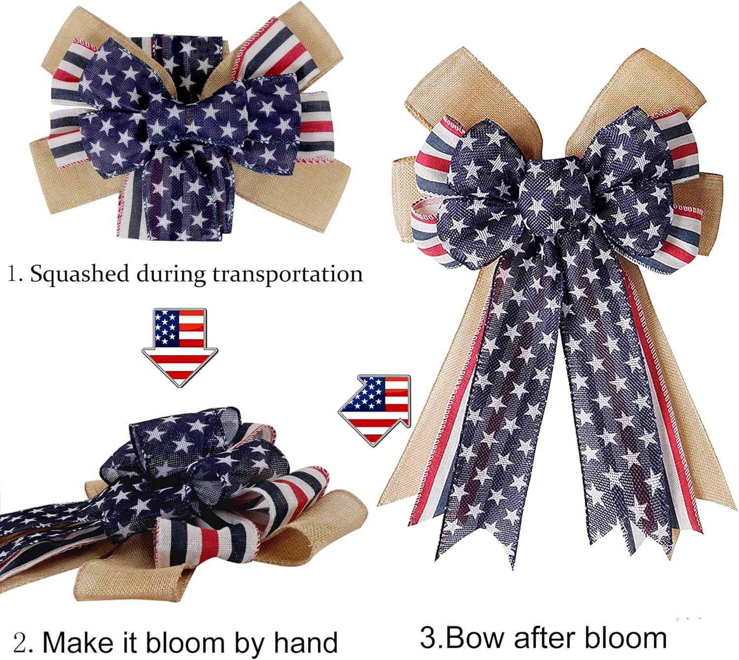 Patriotic Decor - Burlap Red White Blue Stripe Bow | Perfect for Wreaths & 4th of July Celebrations