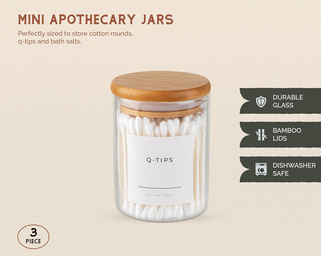 Vase and Vessel Mini Glass Apothecary Jars - Bamboo Lids for Stylish Storage | Set of 3, 10 oz Clear