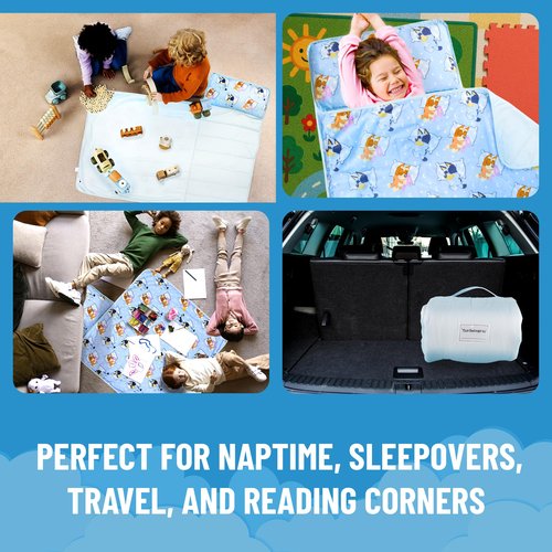 Jay Franco Kids Nap Mat with Embedded Pillow & Blanket – Soft 46"x20" Microfiber Sleeping Bag with Name Tag & Handle for School, Travel, Sleepover, Blue - Bluey