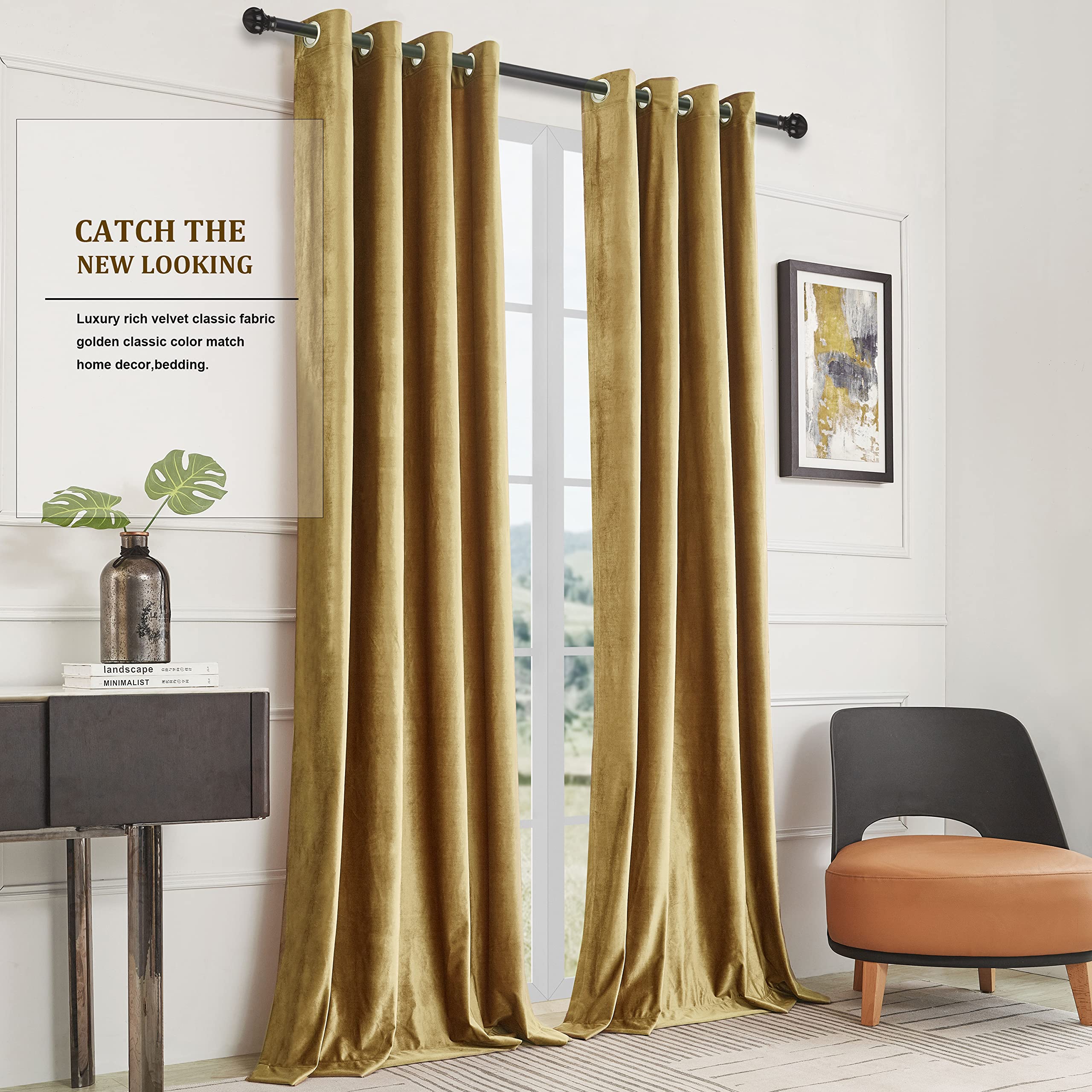 BULBUL Velvet Gold Curtains 120 inch Length- Living Room Blackout Thermal Window Drapes Darkening Decor Grommet Curtains for Bedroom Set of 2 Panels