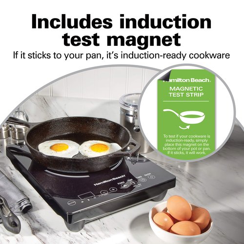 Hamilton Beach Portable Single Induction Cooktop Countertop Burner Hot Plate with Fast Heating Mode, 1800 Watts, 10 Temperature Settings up to 450F, Black (34104)