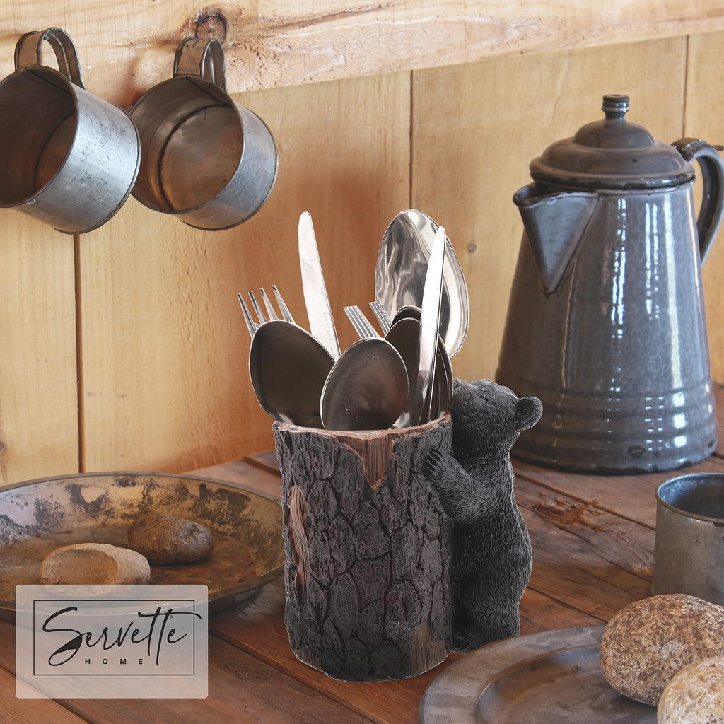 Servette Home Brown Bear Utensil Holder Caddy with 3 Wood Utensils