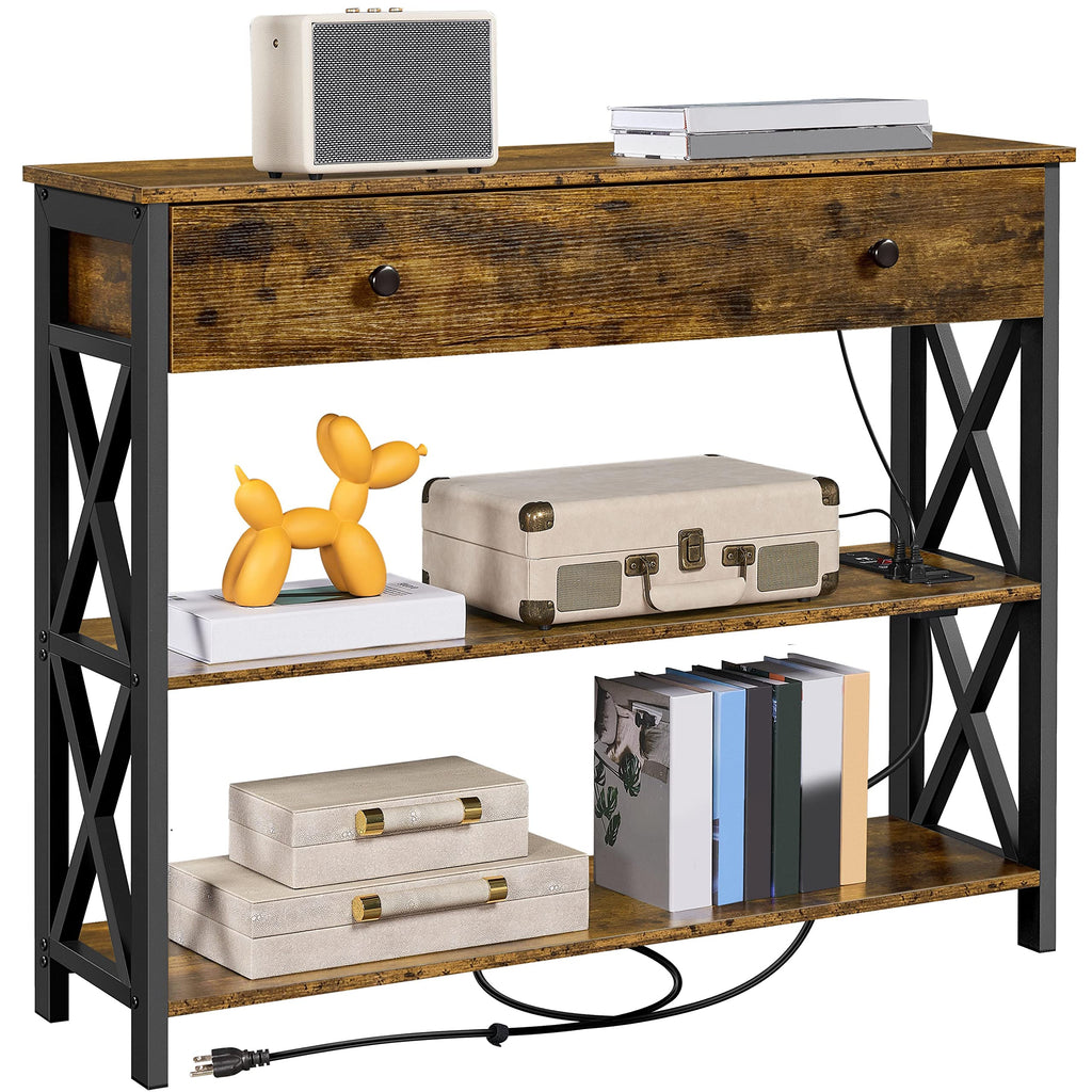 Yaheetech Console Table with 2 Outlets and 2 USB Ports, Industrial Entryway Table with Drawer and Storage Shelves, Narrow Sofa Tables with Metal Frame for Living Room, Hallway, Rustic Brown