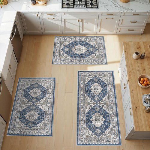 Farmhouse 4-Piece Non-Slip Kitchen Floor Mats by Washable | Easy Clean Water-Resistant Rugs - Blue