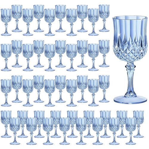 HTTBEIZI 7OZ Plastic Wine Glasses, Disposable Goblets Drinking Glasses Crystal Vintage Water Cups Unbreakable Champagne for Valentine’s Day, Wedding, Parties (48, Blue)