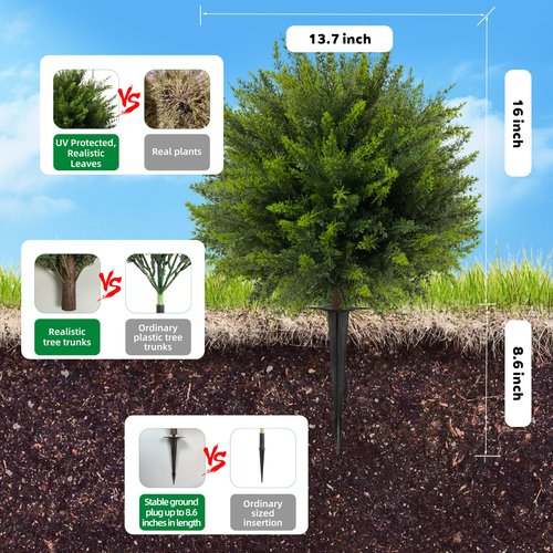 NSOPB 24.5 Inch (H) Artificial Cedar Topiary Ball Trees, Set of 4 Fake Shrub Bushes with Ground Spike, UV Resistant Faux Cypress Greenery Decor for Outdoor Garden, Patio, Front Porch, and Indoor Use