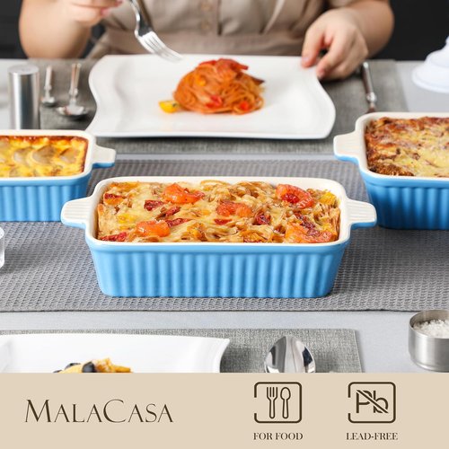 MALACASA Casserole Dishes - Porcelain Bakeware Set of 4 with Handles - Deep Rectangular Lasagna Pans in Blue (9.4"/11.1"/12.2"/14.7")