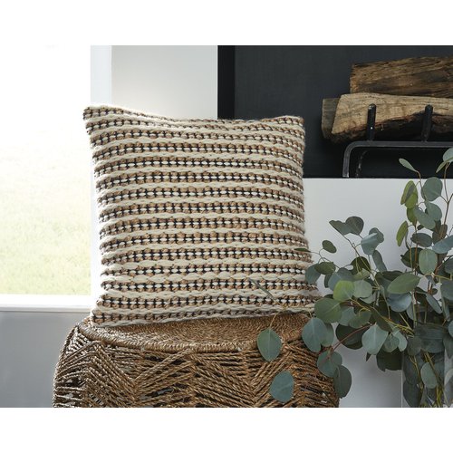 Signature Design by Ashley Nealington Casual Square Wool and Jute Pillow with Stripe Design, 20" x 20", Light Brown