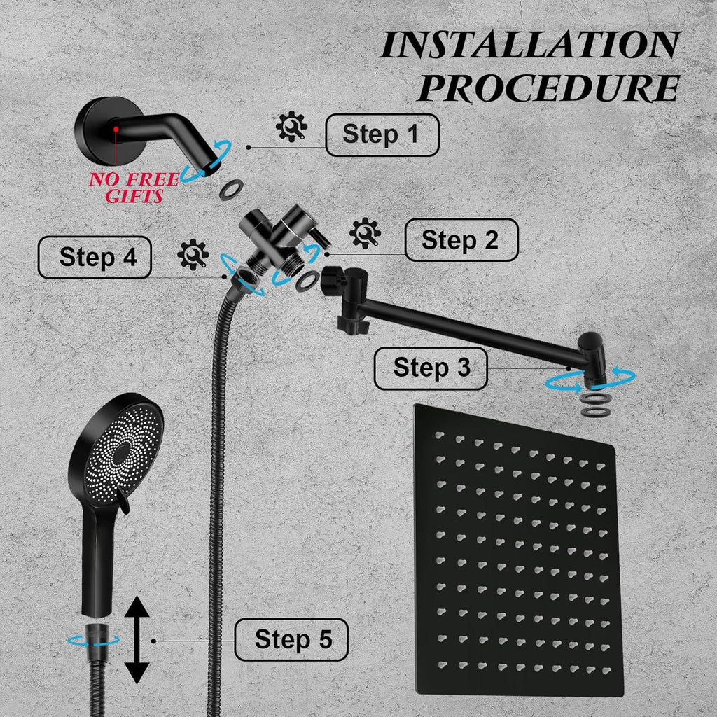 Skiennix 10” Rain Shower Head - High Pressure Handheld Spray Combo with Adjustable Arm | Matte Black
