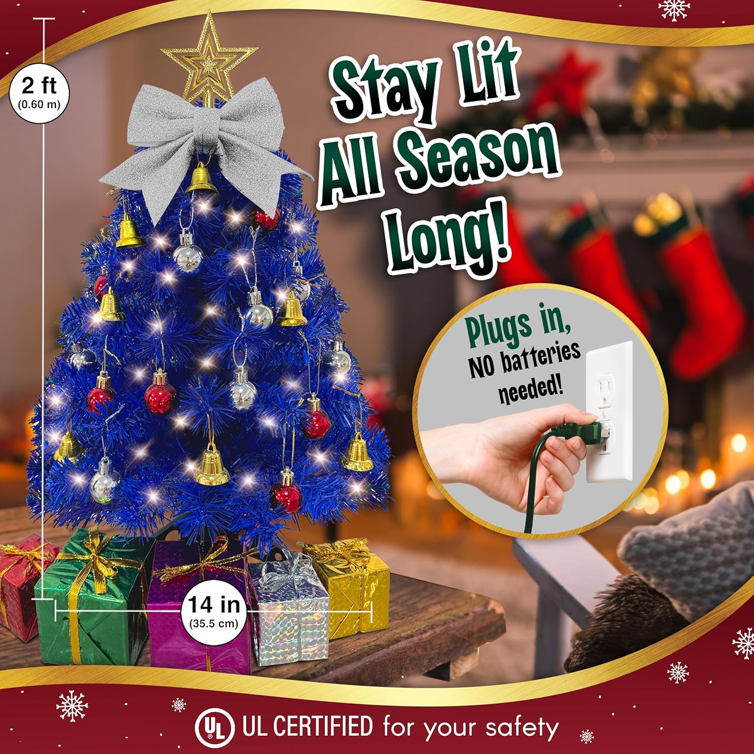 Small Blue Christmas Tree - 23 Inch Mini Tabletop Tree with Warm-White LED Lights & Ornaments