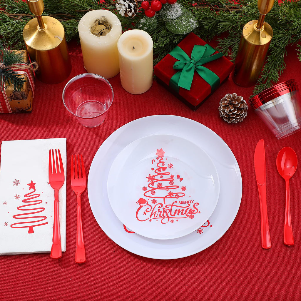 Shellwei Christmas Plastic Dinnerware Set, Xmas Disposable Plates Includes 40 Dinner Plates 40 Cup 40 Dessert Plate 40 Paper Napkins 40 Forks Knives Spoons Supplies for Christmas(Red White,Xmas Tree)