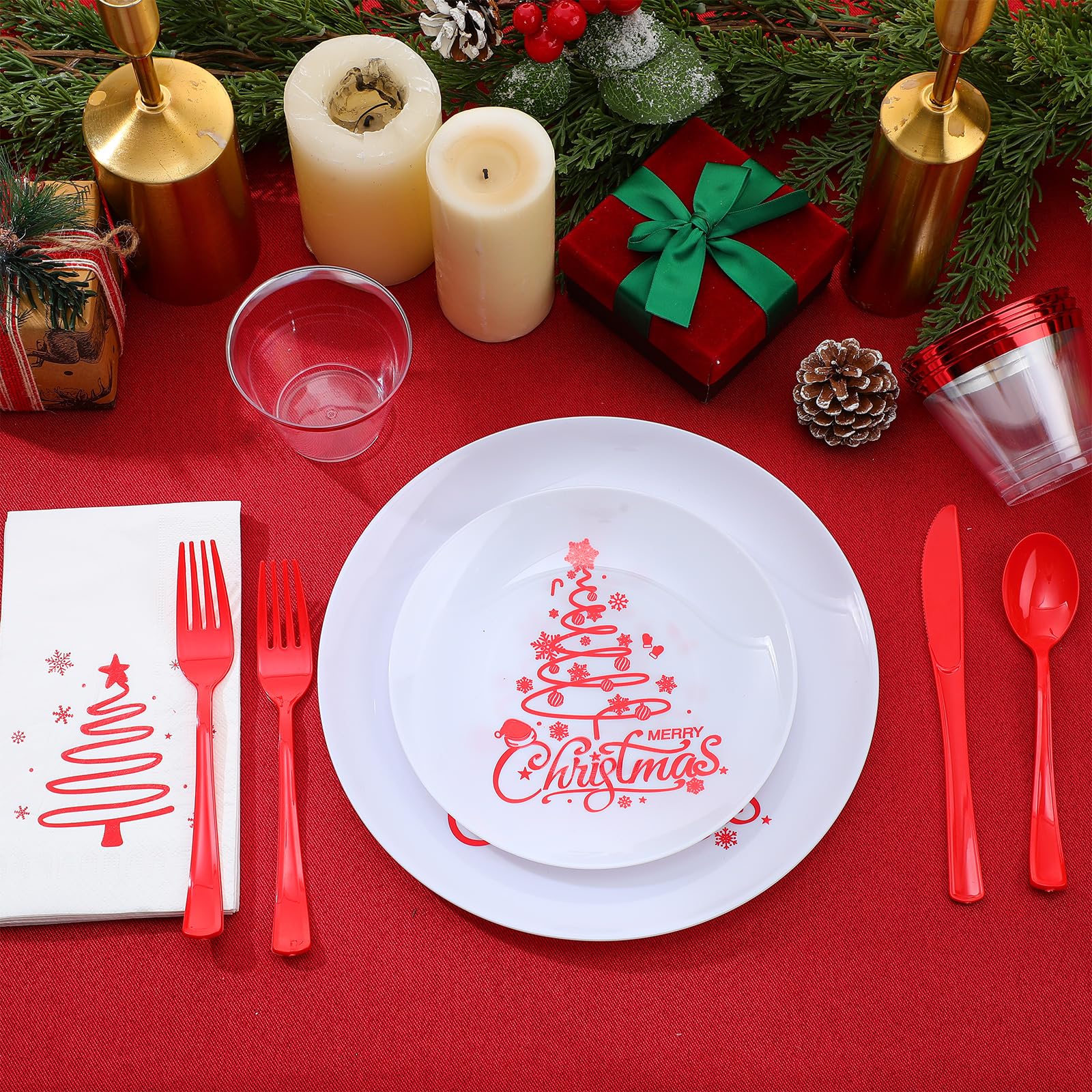Shellwei Christmas Plastic Dinnerware Set, Xmas Disposable Plates Includes 40 Dinner Plates 40 Cup 40 Dessert Plate 40 Paper Napkins 40 Forks Knives Spoons Supplies for Christmas(Red White,Xmas Tree)