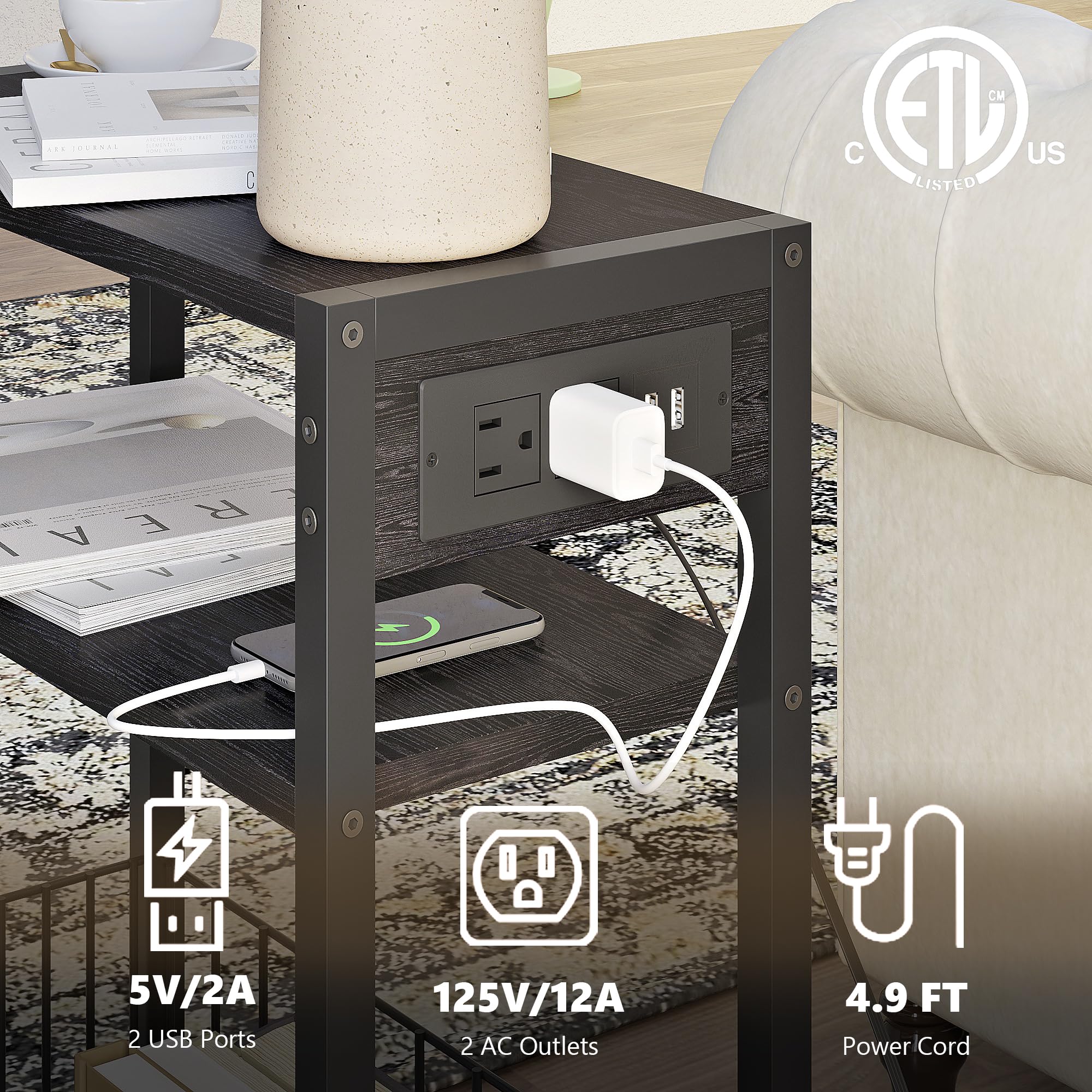 TRIFEBLE Narrow Side Table with Charging Station, Small End Table for Small Spaces, Slim Nightstand with Storage Basket, 3 Tier Skinny Bedside Table for Living Room, Bedroom, Black