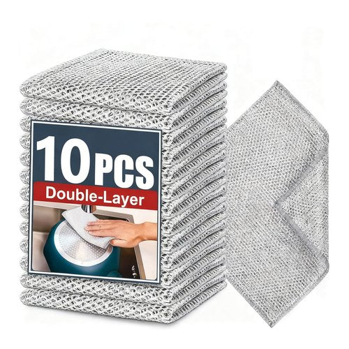 PRINKROOMY Double-Layer Steel Wire Cleaning Cloth - Non-Scratch Wire Dishcloth Rag Heavy Duty Scrub Pads Multi-Purpose Silver Mesh Scouring Pads for Dishes, Pots, Pans (10 pcs)