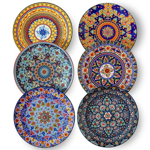 glowworm Dinner Plates, 10.5 Inch Ceramic Plates Set of 6 for Steak, Snacks, Pizza, Cake, Colorful Serving Dishes for Kitchen, Housewarming Gift, Microwave, Oven & Dishwasher Safe, Bohemian