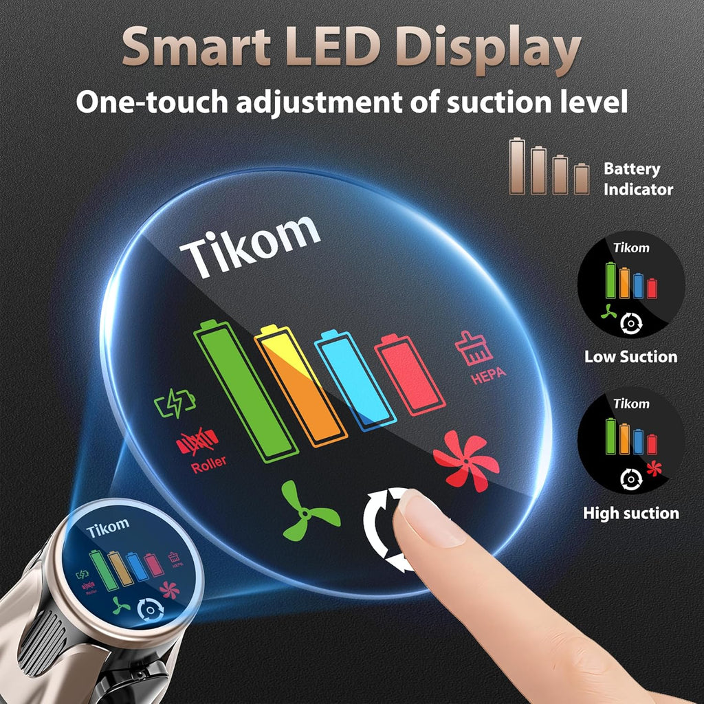 Tikom V850 Cordless Vacuum Cleaner - 50000Pa Suction, 70 Mins Runtime, LED Touch Screen, 1.8L Dust Cup, Lightweight for Pet Hair & Carpets