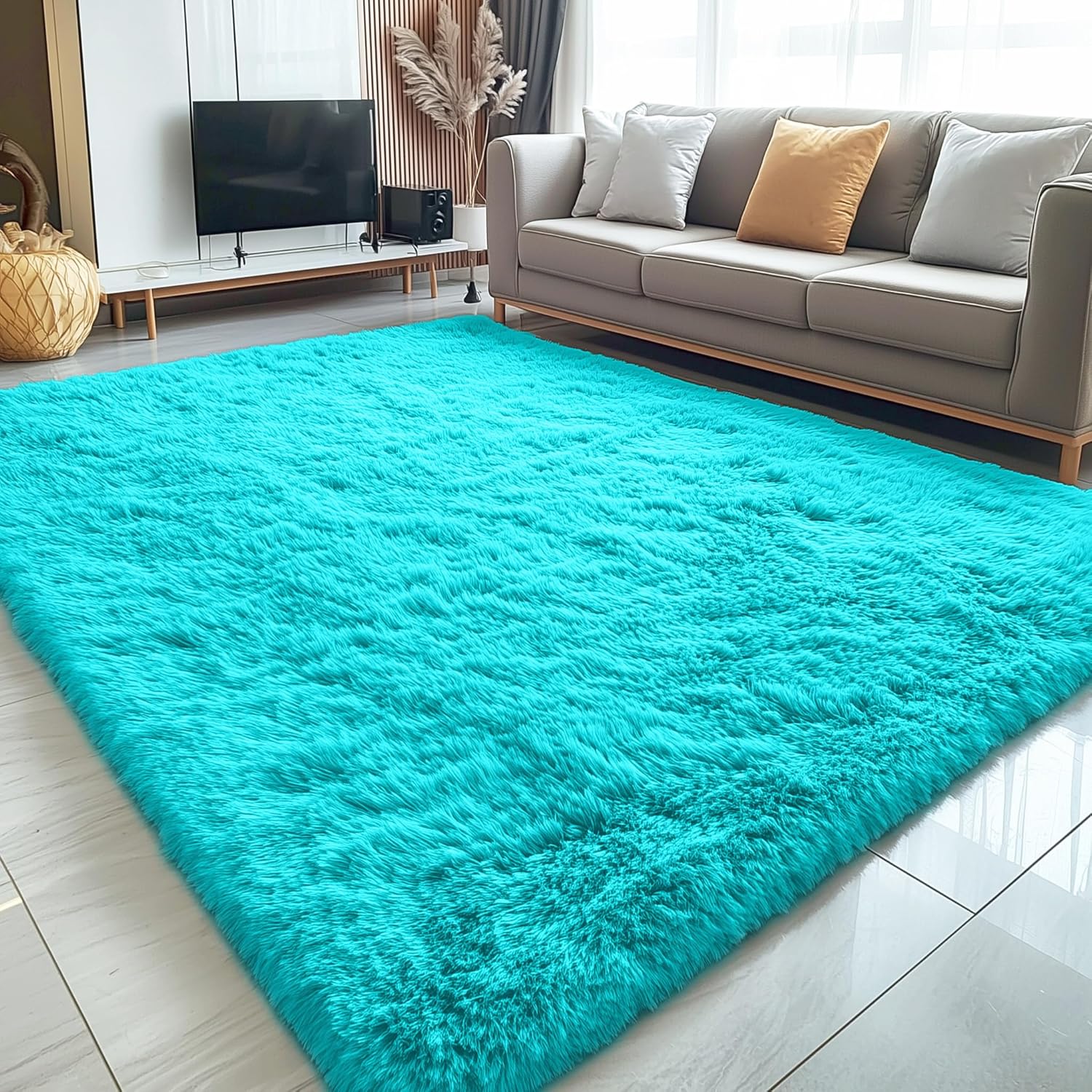OLANLY 8x10 Large Area Rug - Soft Fluffy Shaggy Indoor Carpet for Living Room & Bedroom | Teal Blue