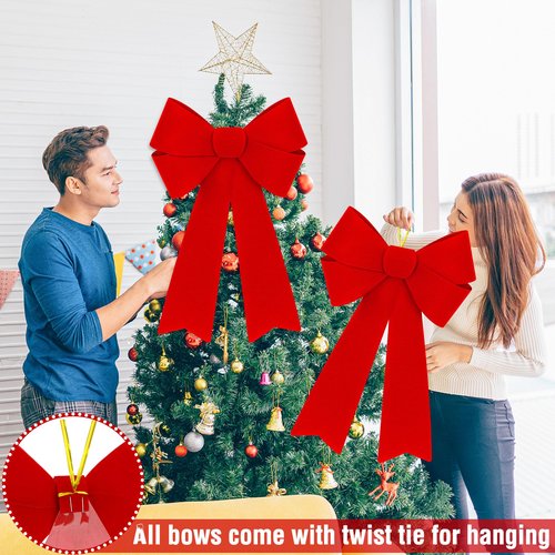 Heartome 4 PCS Christmas Tree Decorations, 12 ×18 Inches Large Red Velvet Bows for Christmas Tree, Plastic Christmas Bows, Outdoor Xmas Bows for Xmas Home Wreath Fence Railing Stairs Fireplace Decor