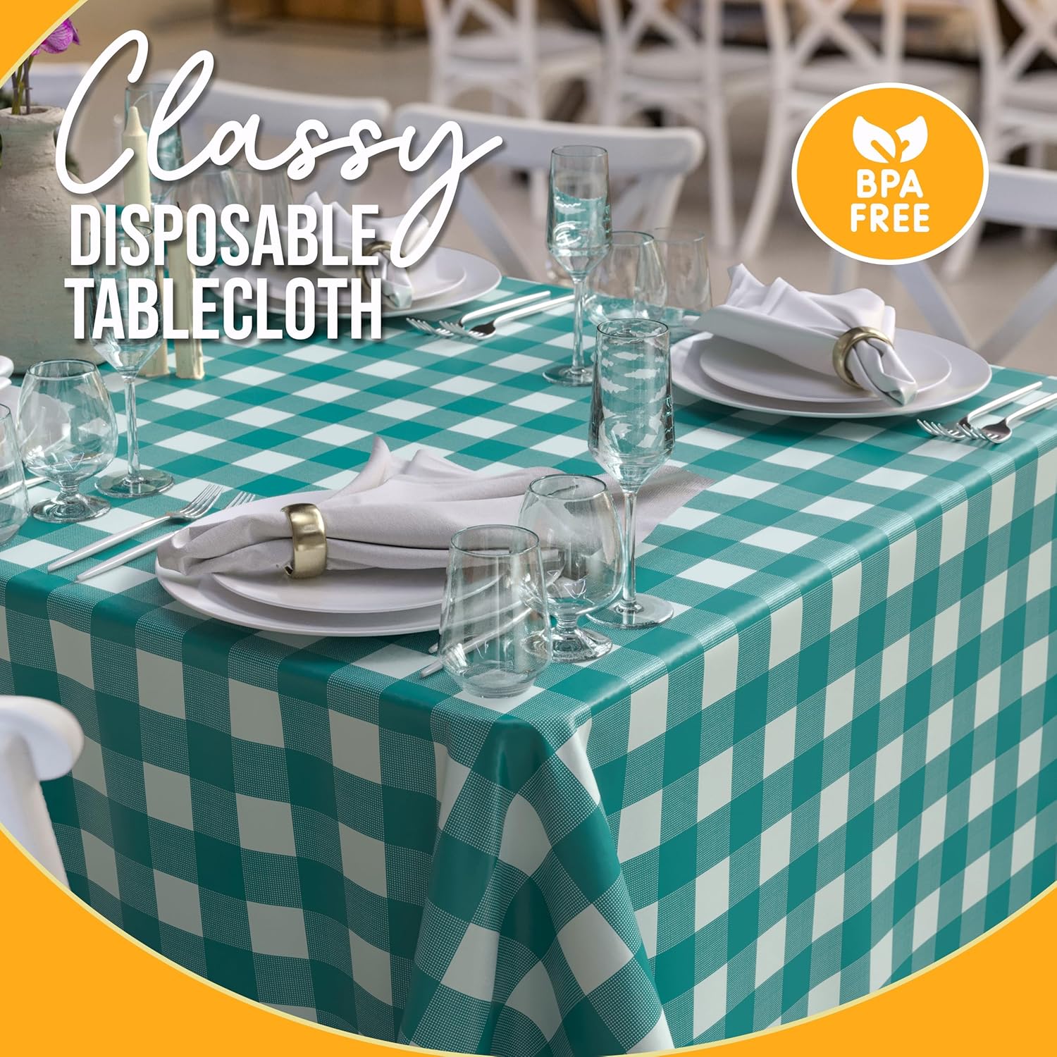 Skiennix Picnic Table Cover - Premium Teal & White Checkered Plastic Tablecloth - 54" x 108" Gingham 6 Pack