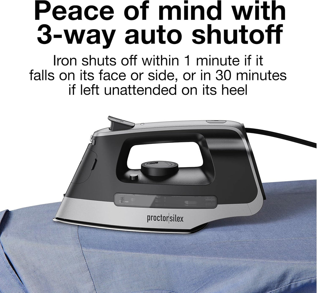 Proctor Silex Steam Iron - 1500 Watts Durable Stainless Steel Soleplate | 8' Retractable Cord, Gray & Black
