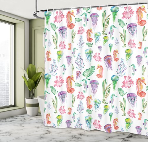 Ambesonne Jellyfish Shower Curtain, Colorful Seahorses Jellyfish and Seaweed Algae Fun Underwater Design Pattern, Cloth Fabric Bathroom Decor Set with Hooks, 69" W x 75" L, Green Pink