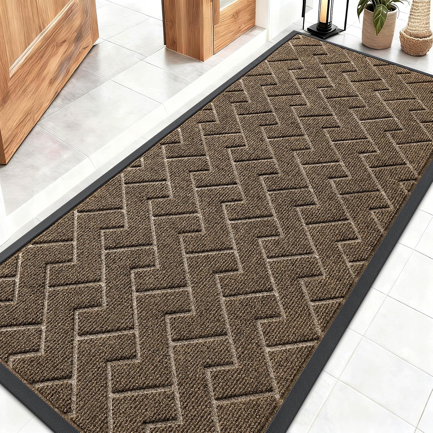 OLANLY Waterproof Front Door Mat - All-Season Indoor/Outdoor Doormat, Easy Clean Herringbone Design (Brown, 59x23)