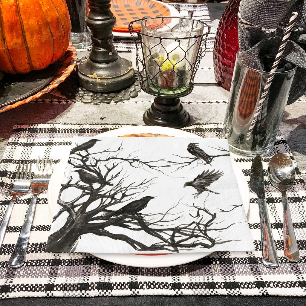 Generic 50Pcs Halloween Paper Napkins Disposable Silhouette Tree Crows Luncheon Napkins Black Dinner Hand Napkin for Party Supplies Table Decor