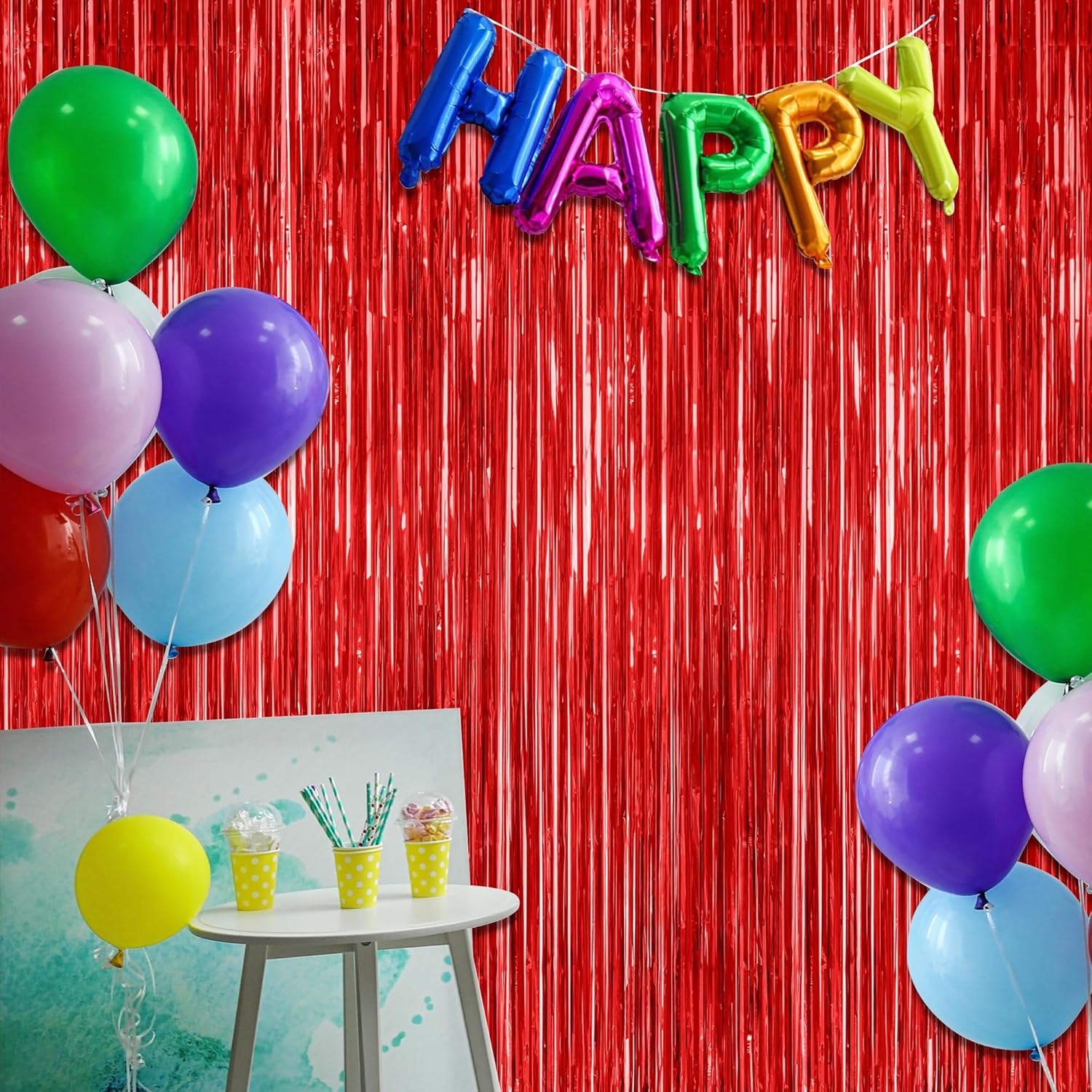 Skiennix Red Backdrop - 4 Pack Metallic Tinsel Curtains for Valentine's Day | 3.28 FT x 7.05 FT Party Decor