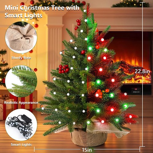 Brizled Smart Mini Christmas Tree, 22.8in DIY Smart-Lit Tabletop Tree with 75 LED RGB Lights, App/Voice Control 159+ Scenes Mini Xmas Tree USB C Music Small Tree Work with PD Power for Fireplace Desk
