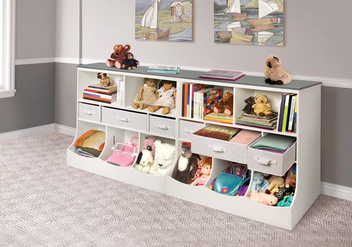 Badger Basket Combo Toy Storage Organizer and Bookshelf - Kids Storage Unit with 3 Removable Baskets, Open Shelves, Top Display Surface - White/Gray