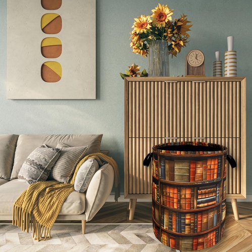 Retro Wooden Bookshelf Pattern Laundry Hamper Books Laundry Basket With Handles Foldable Oxford Cloth Funny Tote Bag Clothes Toy Storage Bucket 18.9"x16.5" For Bathroom/Laundry/Bedroom