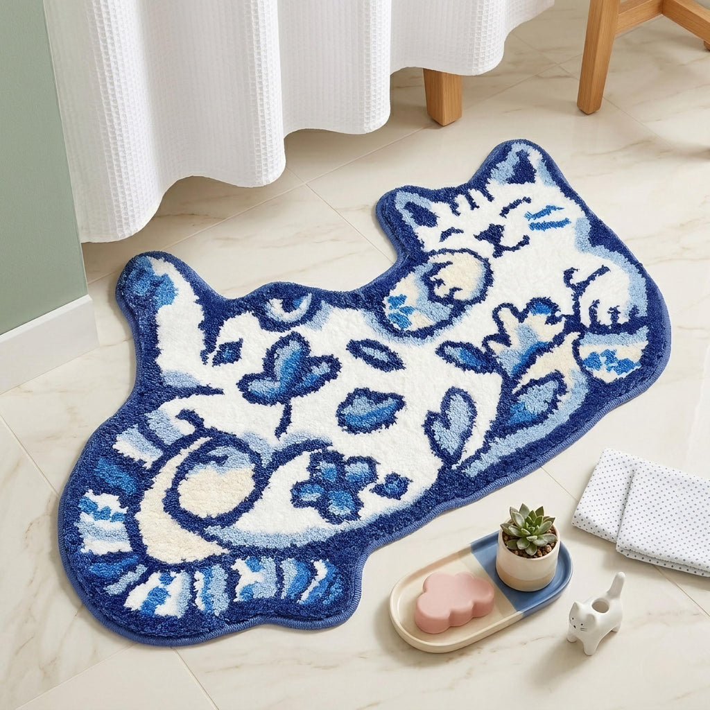 Softania Blue Delft Cat Rug - Cute Cat Bathroom Rug Super Absorbent & Non-Slip Bath Mat, Soft Fuzzy Cute Mat for Small Bathroom or Shower Floor
