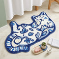 Softania Blue Delft Cat Rug - Cute Cat Bathroom Rug Super Absorbent & Non-Slip Bath Mat, Soft Fuzzy Cute Mat for Small Bathroom or Shower Floor