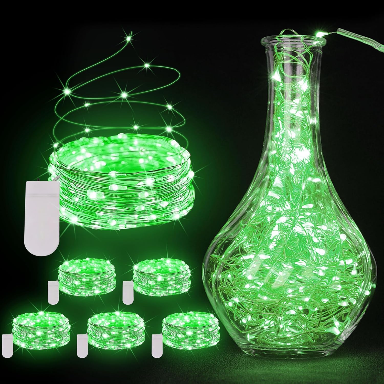 Skiennix 6 Pack Fairy Lights - 7ft 20 LED Waterproof Silver Wire String Lights for DIY Wedding Décor | Green