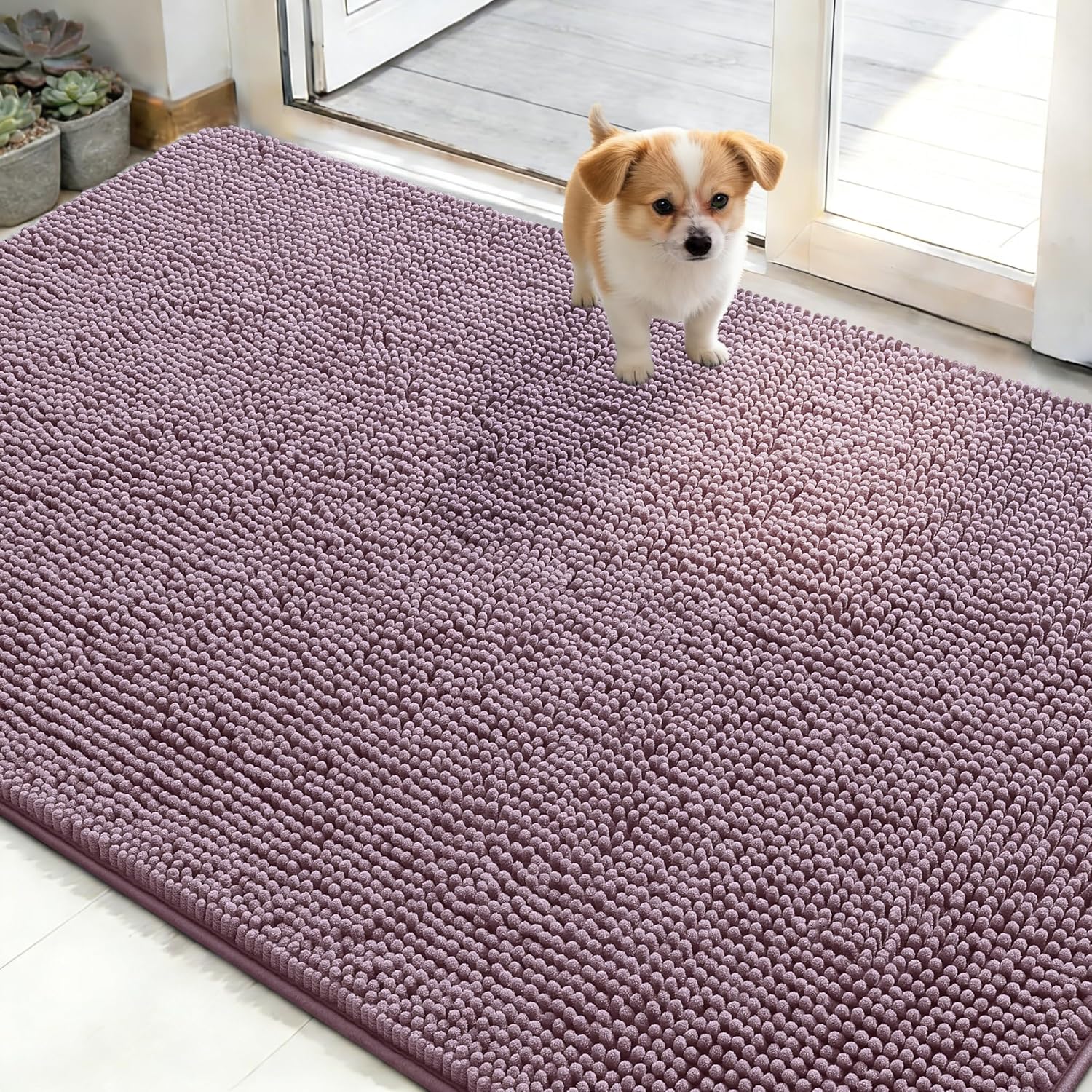 OLANLY Dog Door Mat - Absorbent Non-Slip Chenille Mat for Muddy Paws | 50x30 Deep Plum Color