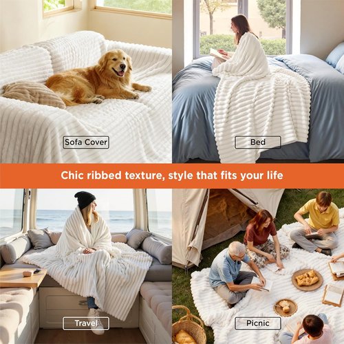 Bedsure GentleSoft Blankets - Cozy Queen Size Fleece Throw for Bed & Sofa, Off White, 90x90 Inches