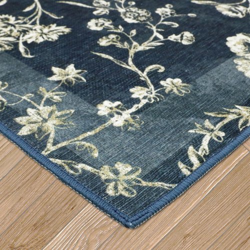 Laura Ashley Dark Navy Aria Floral Border Machine Washable & Slip Resistant 26" x 72" Runner Rug
