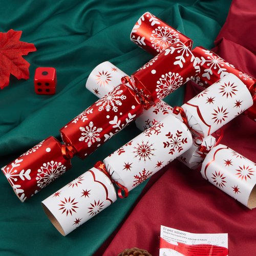 JOYIN 10 Pack Christmas No Snap Party Table Favor with Red & White Snowflake Design, with Party Hat, Joke & Little Gift Inside, for Xmas Gift, Christmas Seasonal Holiday Dinner Traditions