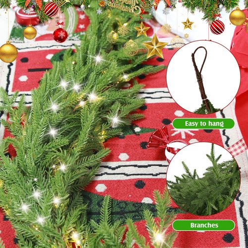 Goldshire 6 Ft Christmas Norfolk Pine Garland with 100 LED Lights, Dense Norfolk Pine Real Touch Garland, Artificial Greenery Garlands for Christmas Holiday Mantle Fireplace Table Home Decor Xmas