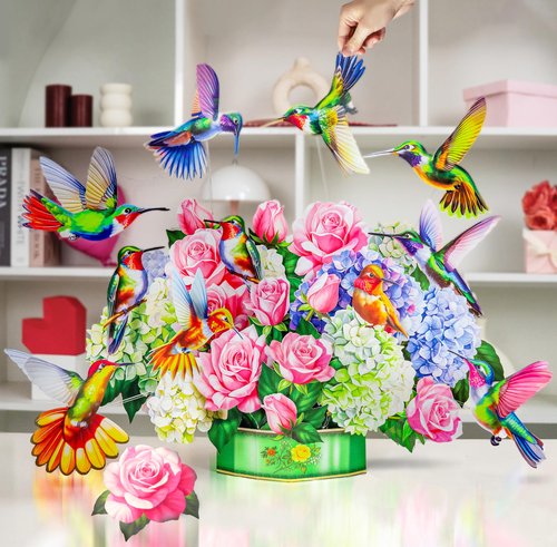 HIBLOOM Humming Bird Pop Up Card, 19.5 Inch Real Sized Display 3D Valentine Greeting Card, Paper Flower Bouquet, Gift for Valentines Day, Birthday, Mothers Day, Includes Envelope & Message Note
