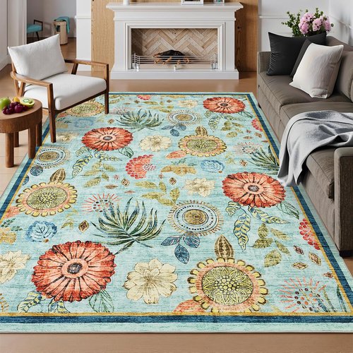 GarveeHome 5x7 Floral Washable Area Rug: Large Living Room Area Rug with Non-Slip Backing Washable Ultra Soft Bedroom Floral Carpet Indoor Stain Resistant Carpet for Dining Room 5 * 7 ft Light Blue