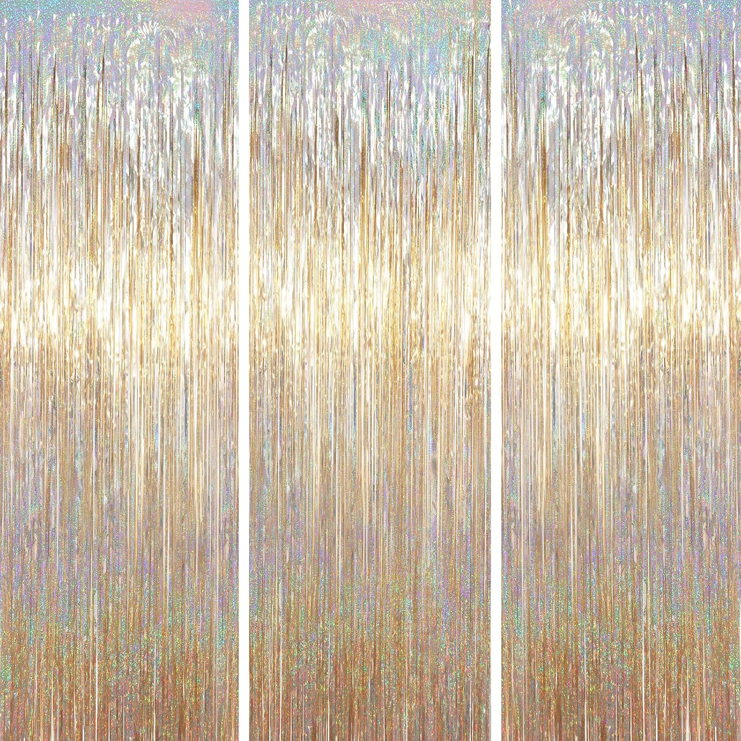 Voircoloria Foil Fringe Backdrop Curtains - 3.3 x 6.6 Ft Tinsel Streamers for Parties | Champagne Color