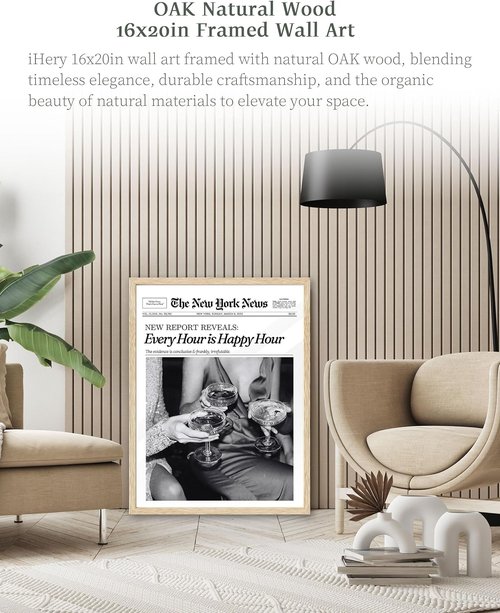 iHery Framed Newspaper Wall Art - Trendy Retro New York Prints | Natural Oak Wood, Large 16x20in for Bedroom & Living Room