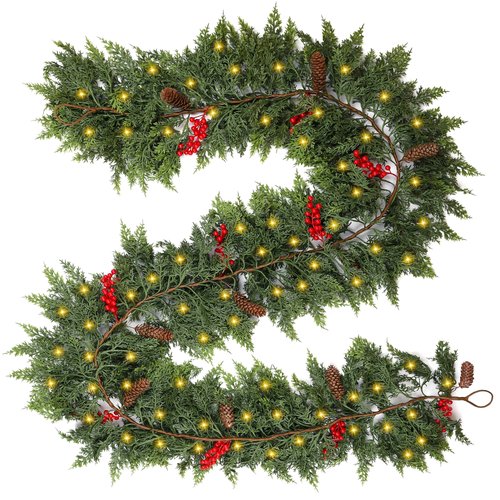 9FT Prelit Christmas Garland, Realistic Green Pine Garland with Lights Battery Operated for Mantle Stairs Railing Fireplace Table Indoor Xmas Decor