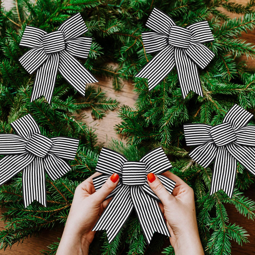 Tsorode 12 Pcs Christmas Bows for Tree,5 x 7 Inch Black and White Striped Christmas Tree Bows for Wreaths Gift Wrapping Garland, Xmas Decoration Holiday Party Decor Tree Ribbon Ornaments Crafts