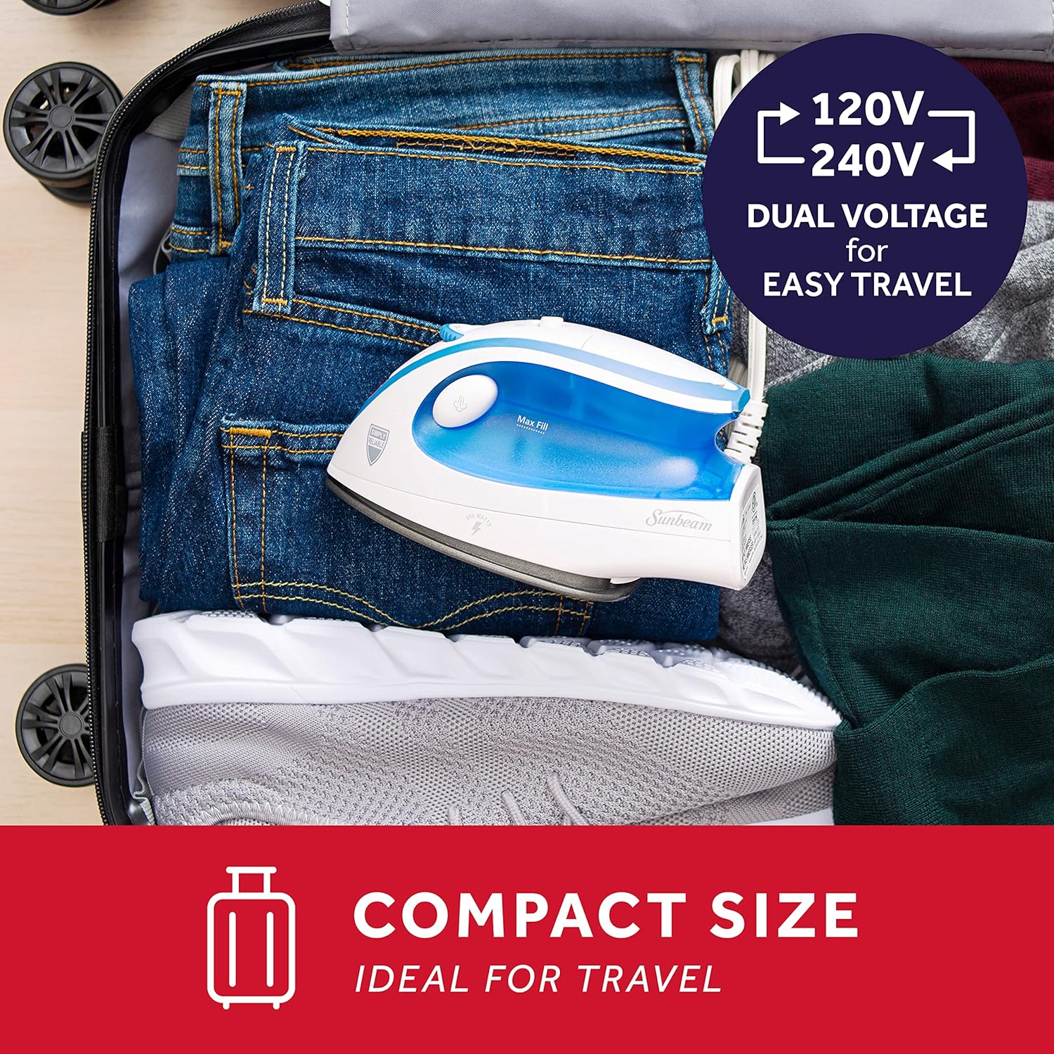 Sunbeam Hot-2-Trot Travel Steam Iron - 800W Dual Voltage, Compact & Portable, Non-Stick Soleplate, White/Blue