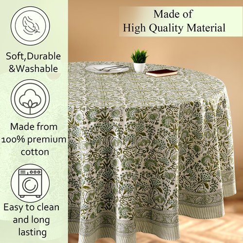 CPC Round Tablecloth- Cotton Indian Block Print Tablecloth -Handmade Printed Washable Cotton Table Cloth - Spring/Summer, Wedding Table Cover - Agate Green 90 Inch